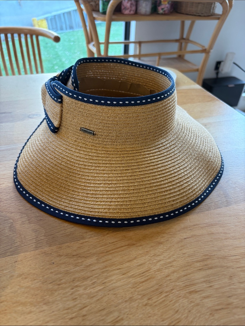 Tan Straw Sun Visor with Navy Trim